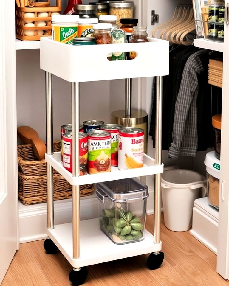 small pantry with rolling cart for extra storage - 30 Small Pantry Ideas