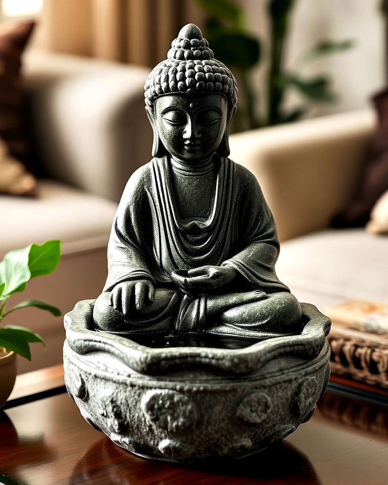 small stone buddha fountain - 25 Asian Living Room Ideas