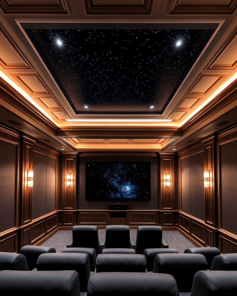 small theater with custom ceiling design - 40 Small Home Theater Ideas