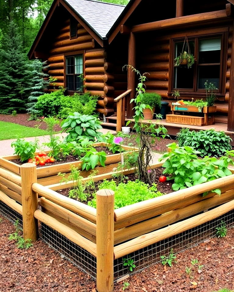 small vegetable garden for rustic look - 25 Log Cabin Landscaping Ideas
