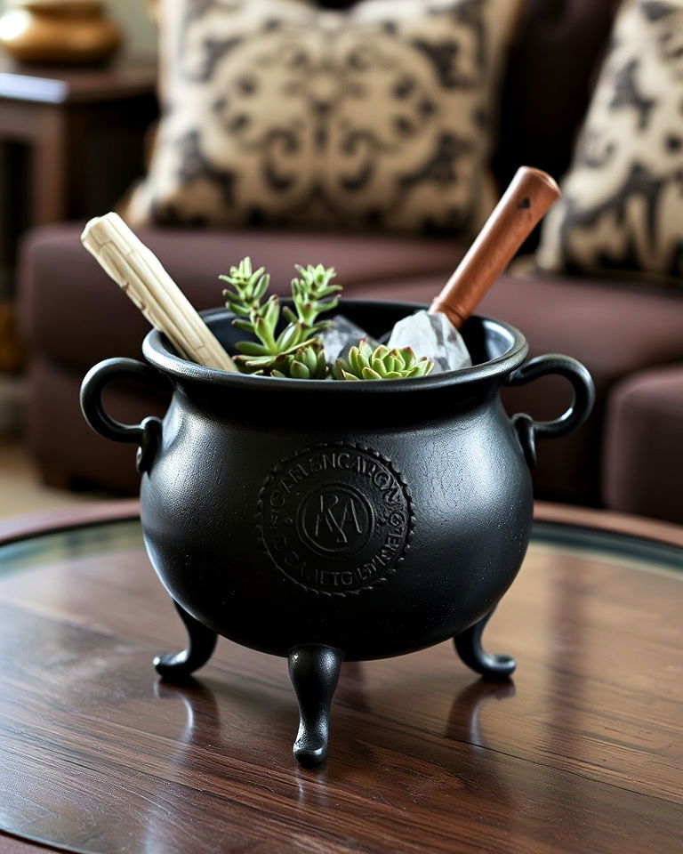 small vintage cauldron placed on coffee table - 30 Witchy Living Room Ideas