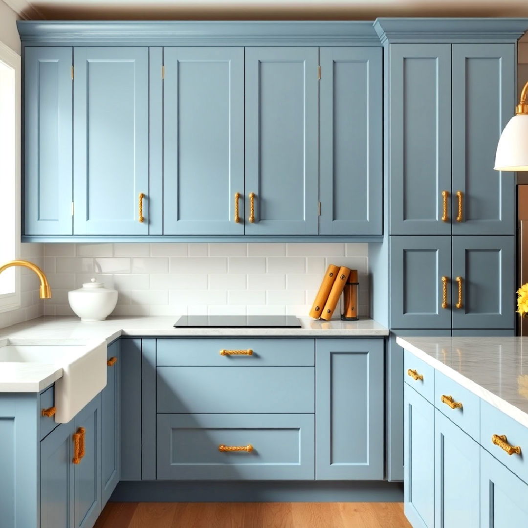 smoky blue cabinets with gold rope handles - 30 Blue Kitchen Cabinets With Gold Hardware