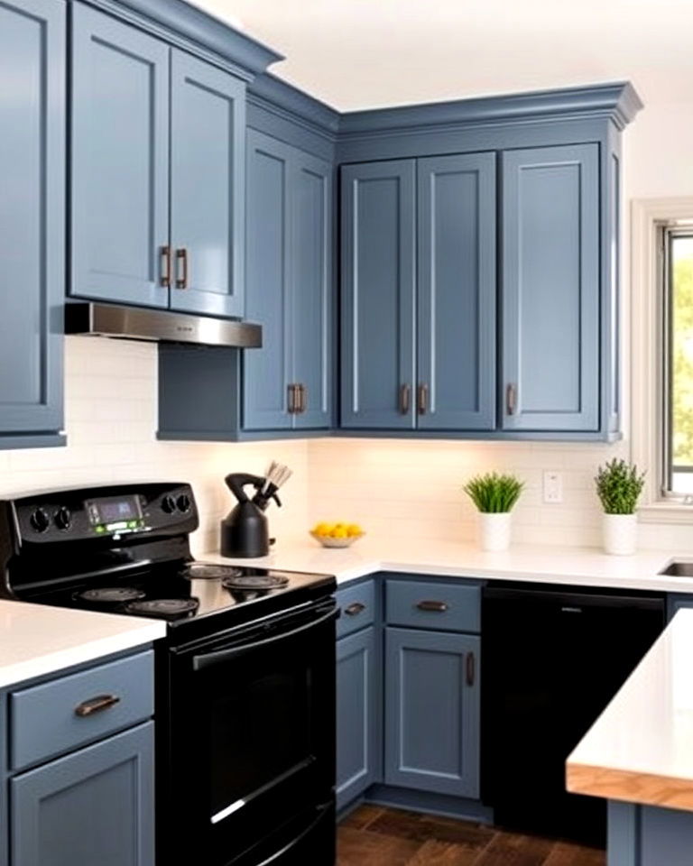 smoky blue kitchen cabinets for a cool look - 20 What Color Cabinets Go With Black Appliances