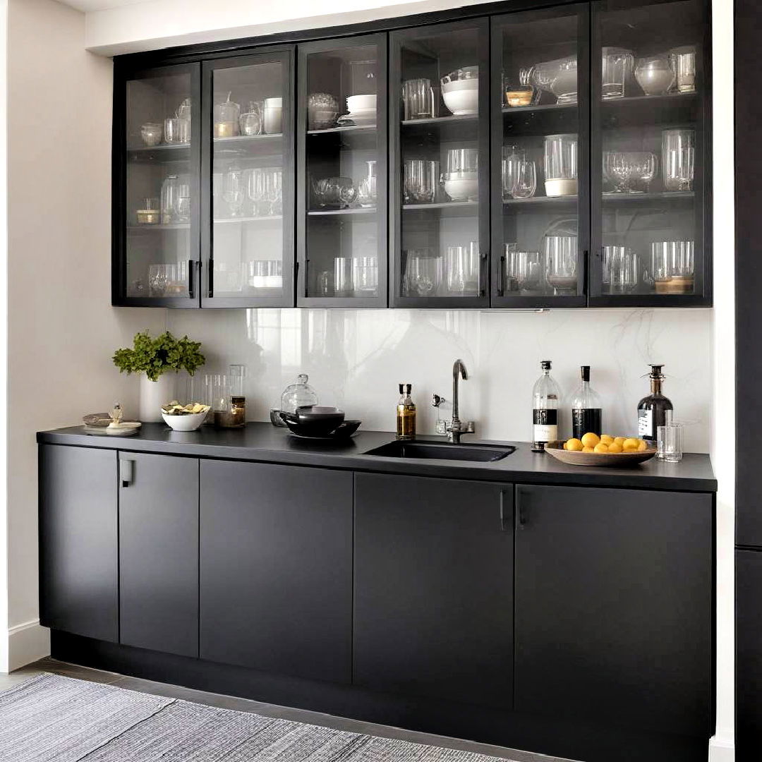smoky glass front cabinets - 40 Black Kitchen Ideas
