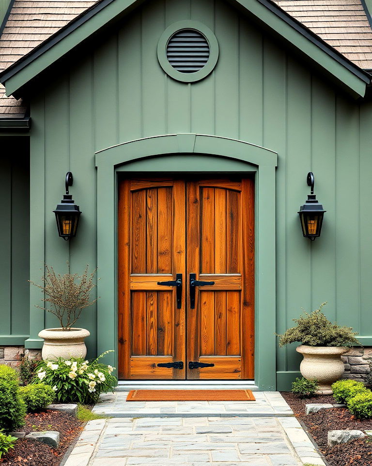 smoky green exterior with rustic wood doors - 25 Farmhouse Green Exterior Home Ideas