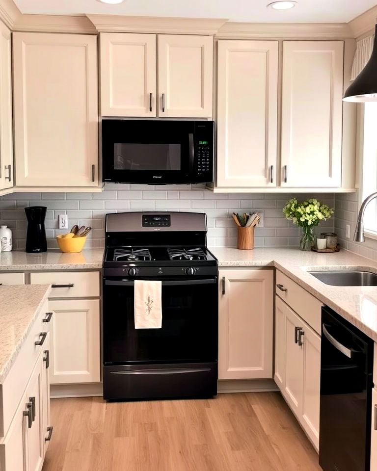 soft beige cabinets and black appliances combo - 20 What Color Cabinets Go With Black Appliances