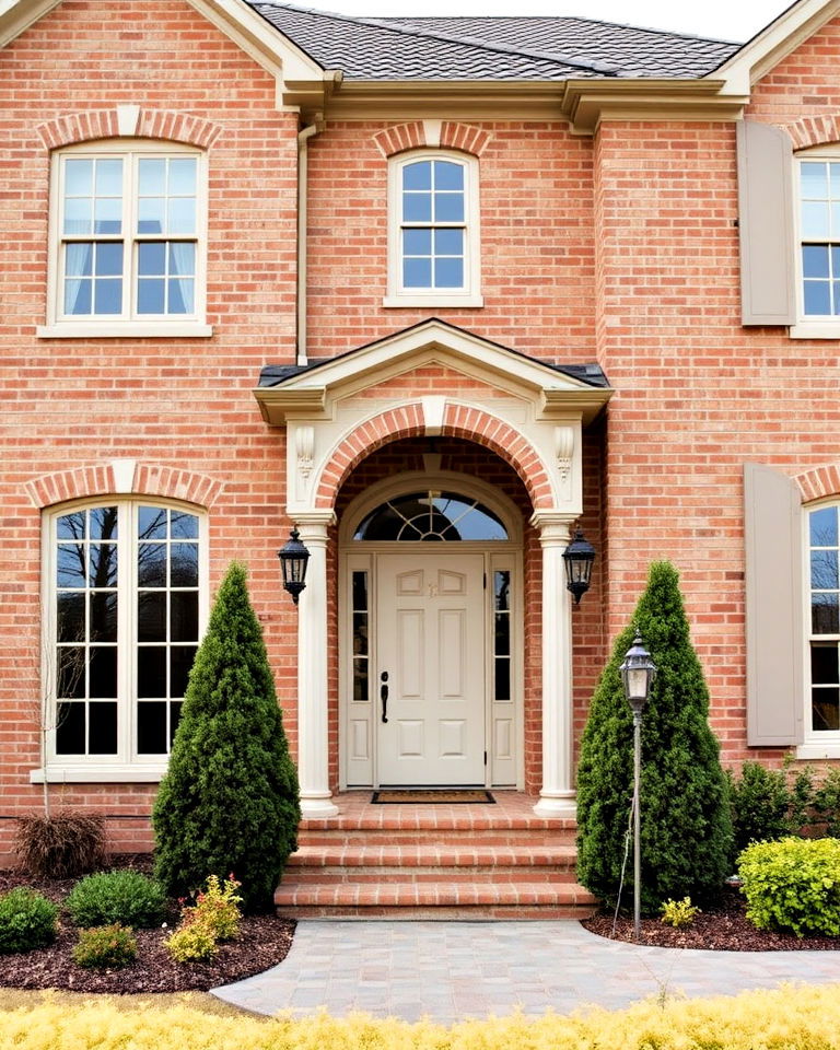 soft beige trim for tan brick home - 25 Tan Brick House Color Schemes
