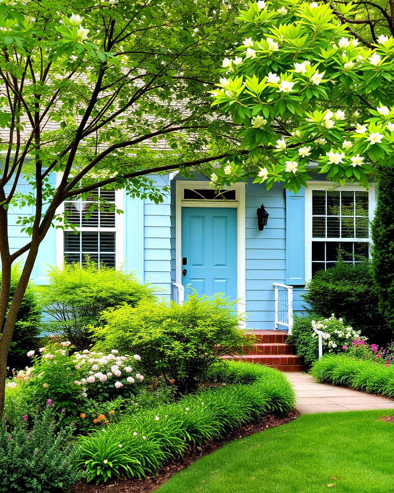 soft blue house exterior with garden landscaping - 25 Light Blue House Exterior Ideas