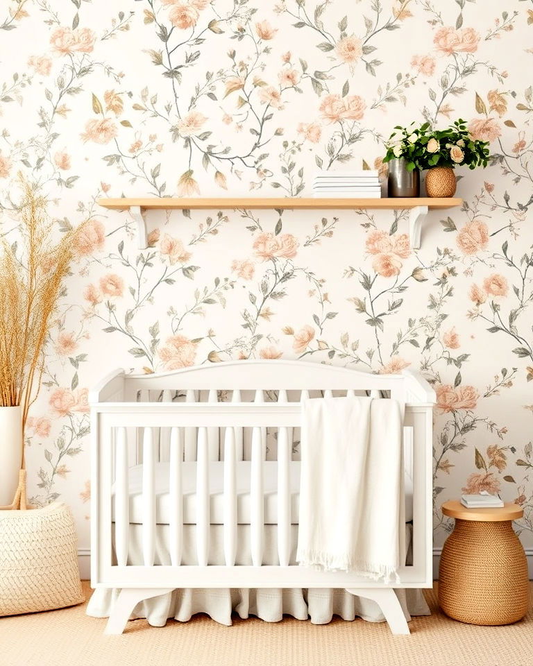 soft floral wallpaper for farmhouse nursery - 15 Farmhouse Nursery Ideas