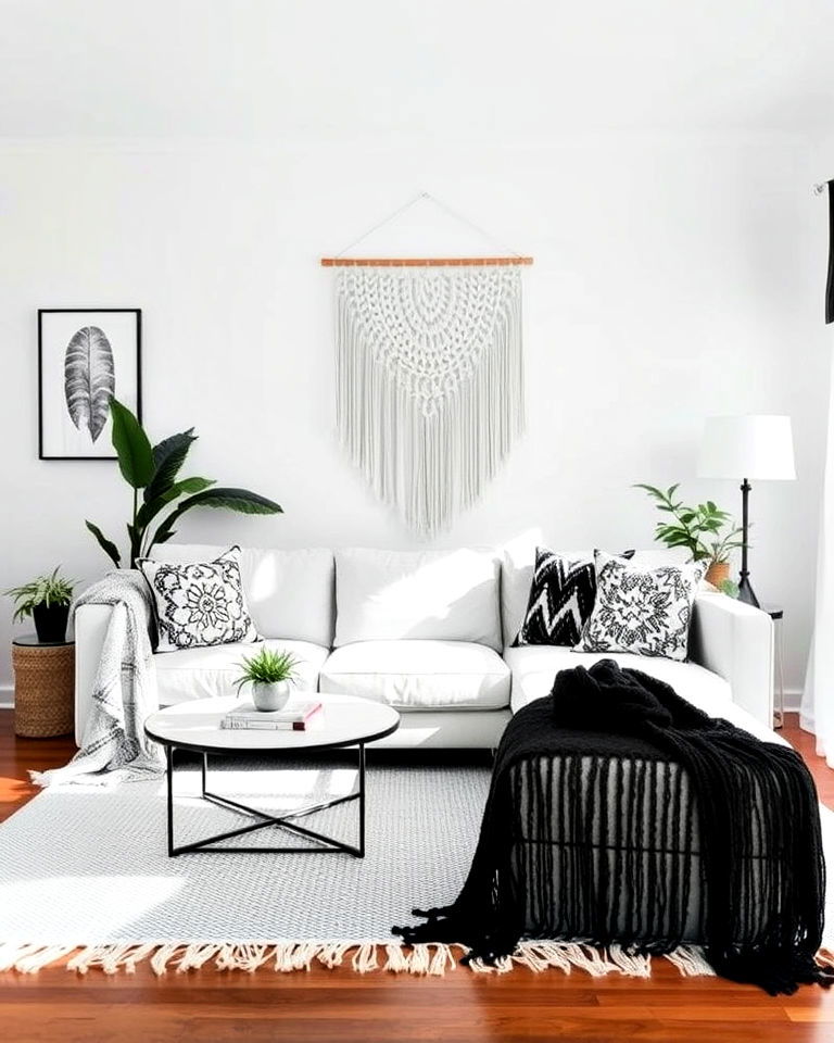 soft fringe details for playful boho vibe - 20 Black and White Boho Living Room Ideas