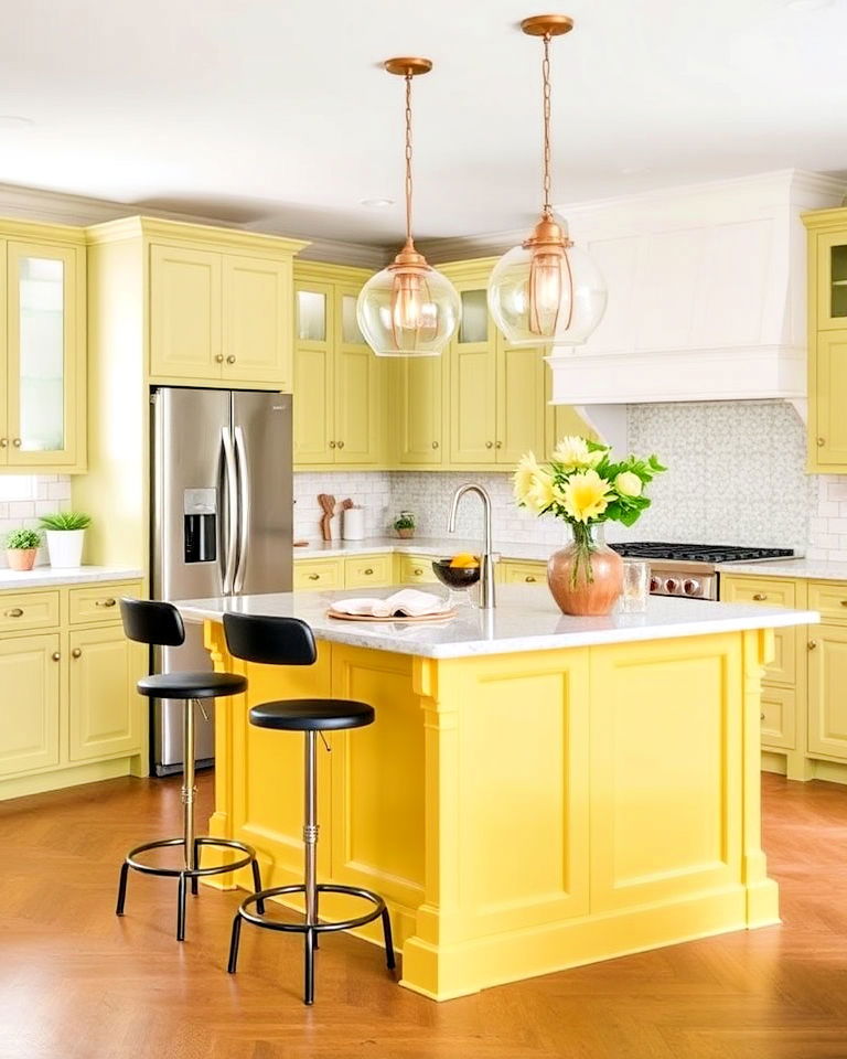 soft green accents and yellow island - 20 Green and Yellow Kitchen Ideas