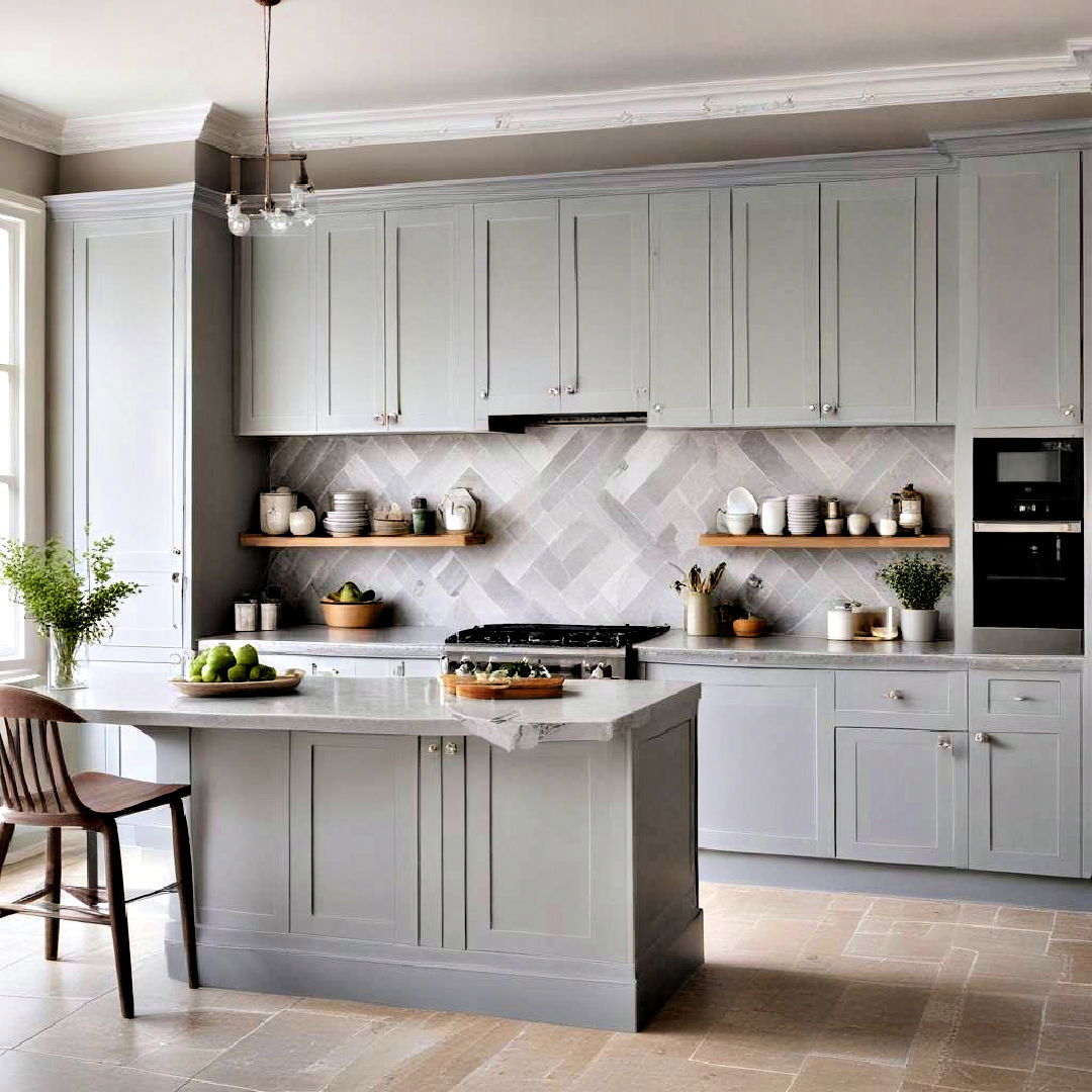 soft grey cabinets to add calming effect - 40 Painted Kitchen Cabinet Ideas
