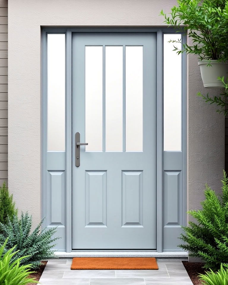 soft grey door with frosted glass panels - 25 Grey Front Door Ideas