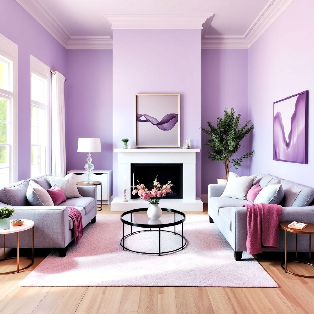 soft lavender retreat ideas - 25 Monochromatic Living Room Ideas