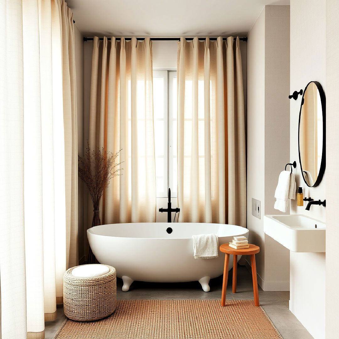 soft linen curtains for privacy - 40 Japandi Bathroom Ideas