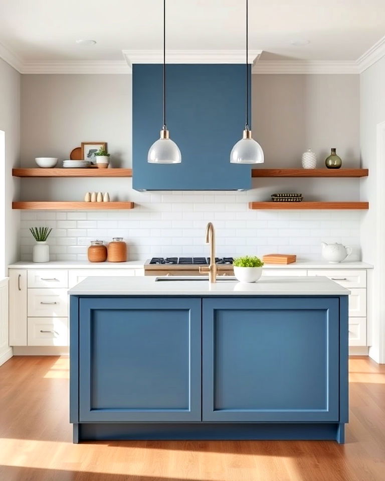 soft matte blue island and white cabinetry - 30 White Kitchen Cabinets With Blue Island