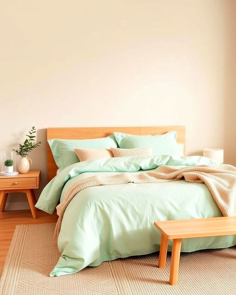 soft mint and sand combo for bedroom - 30 Green and Beige Bedroom Ideas