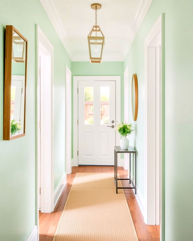 soft mint green hallway with white trim - 20 Green Hallway Ideas