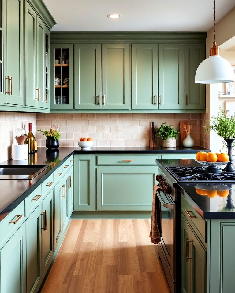 soft olive green kitchen cabinets - 20 Green Kitchen Cabinets With Black Countertops