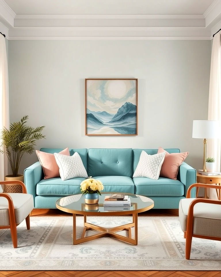soft pastel accents for teal couch living room - 20 Teal Couch Living Room Ideas