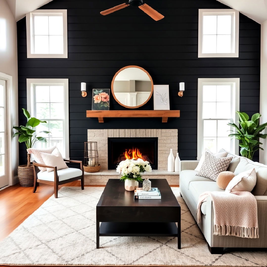 soft pastel accents - 40 Black Shiplap Fireplace Ideas