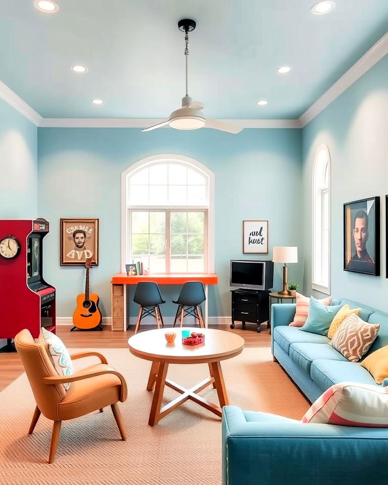 soft pastel blue for playful space - 20 Game Room Paint Ideas