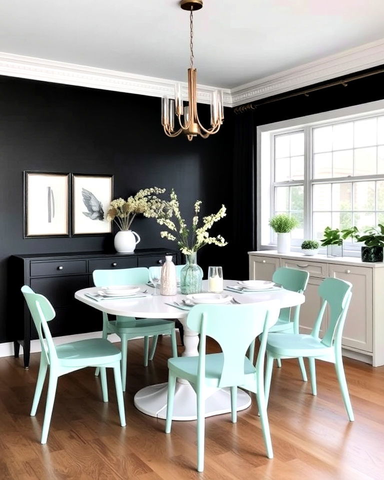 soft pastel dining room with black dining room - 20 Black Accent Wall Dining Room Ideas