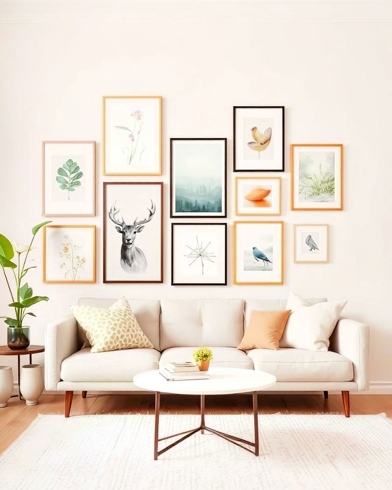 soft pastels and minimalist design gallery wall - 25 Eclectic Gallery Wall Ideas