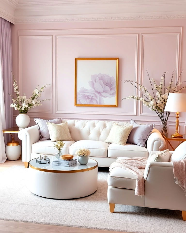 soft pastels for feminine look - 30 White Couch Living Room Ideas