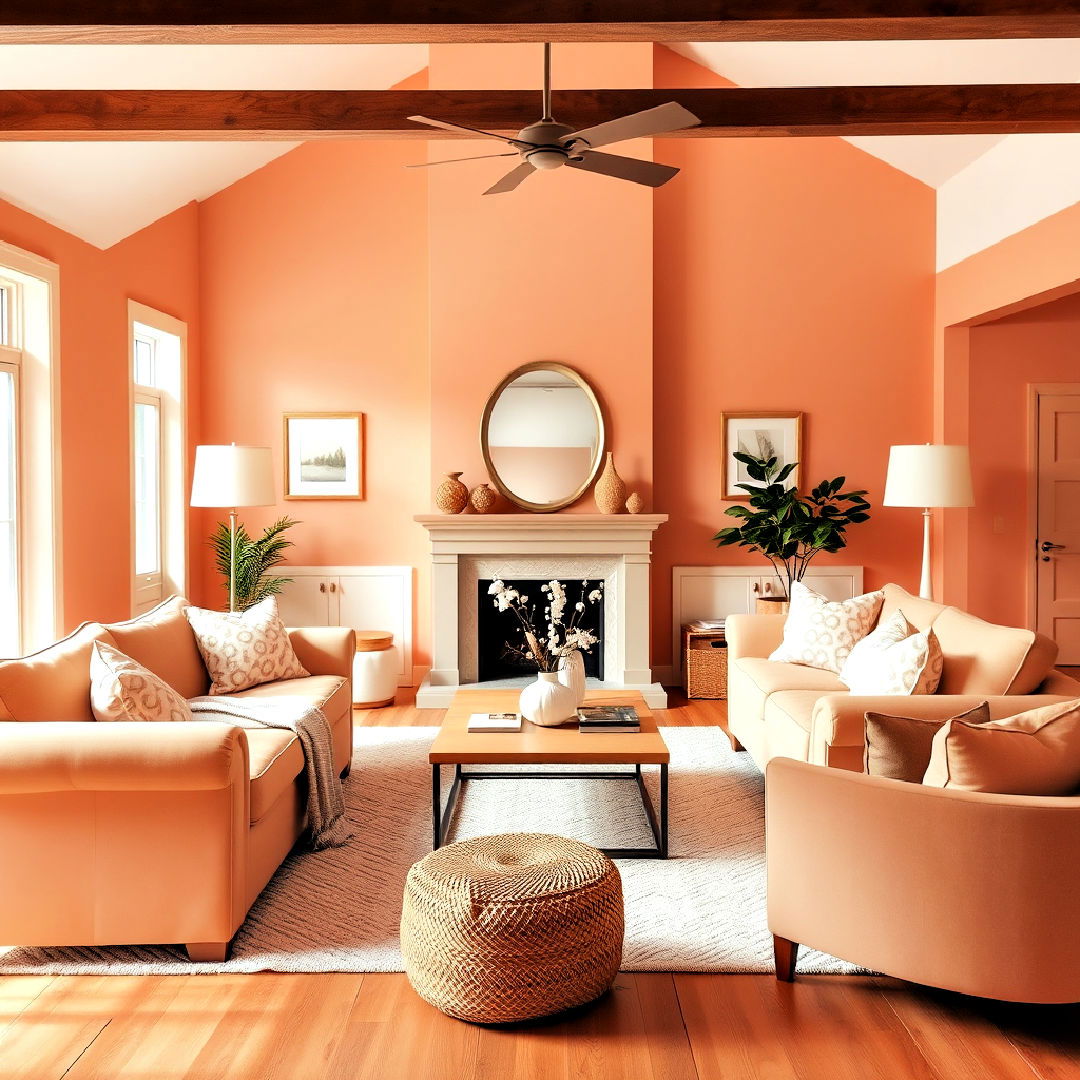 soft peach for creating cozy environment - 25 Monochromatic Living Room Ideas