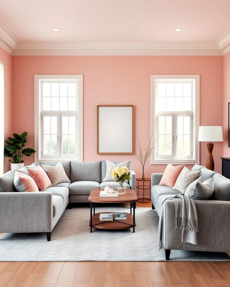 soft pink walls with grey furniture for living room - 25 Pink and Grey Living Room Ideas