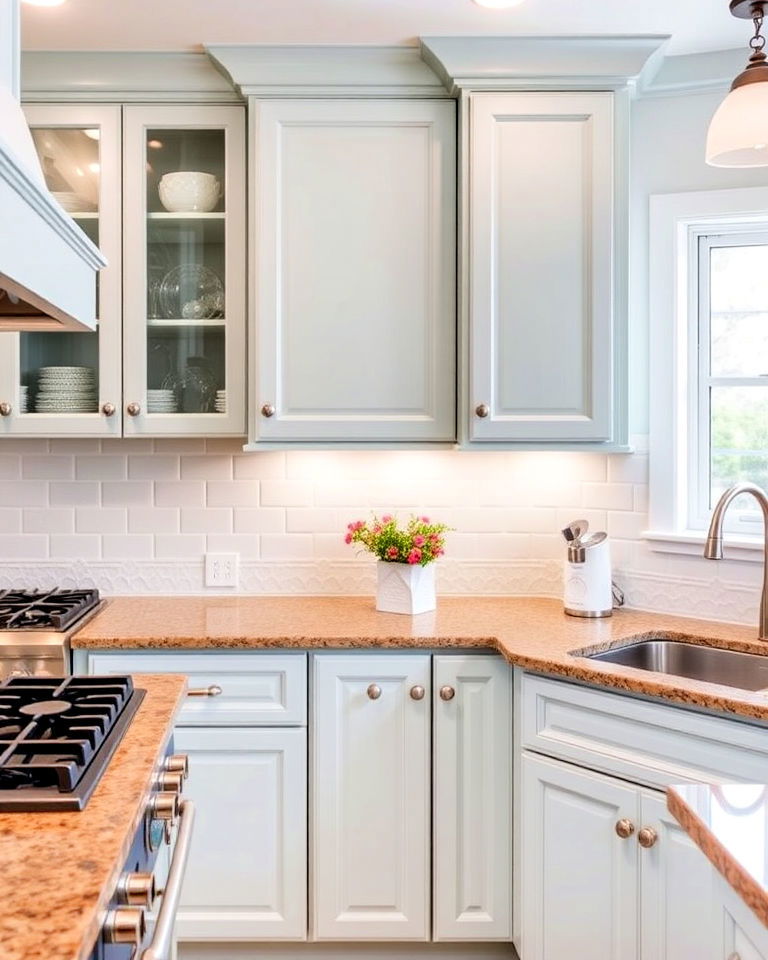 soft powder blue cabinets and brown granite combo - 20 Blue Kitchen Cabinets With Brown Granite Countertops