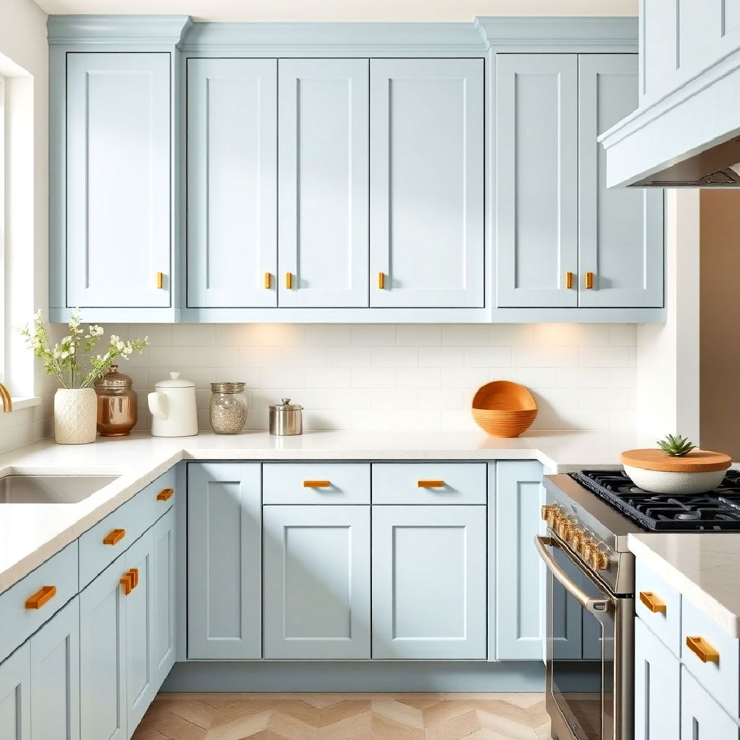 soft powder blue cabinets with subtle gold handles - 30 Blue Kitchen Cabinets With Gold Hardware