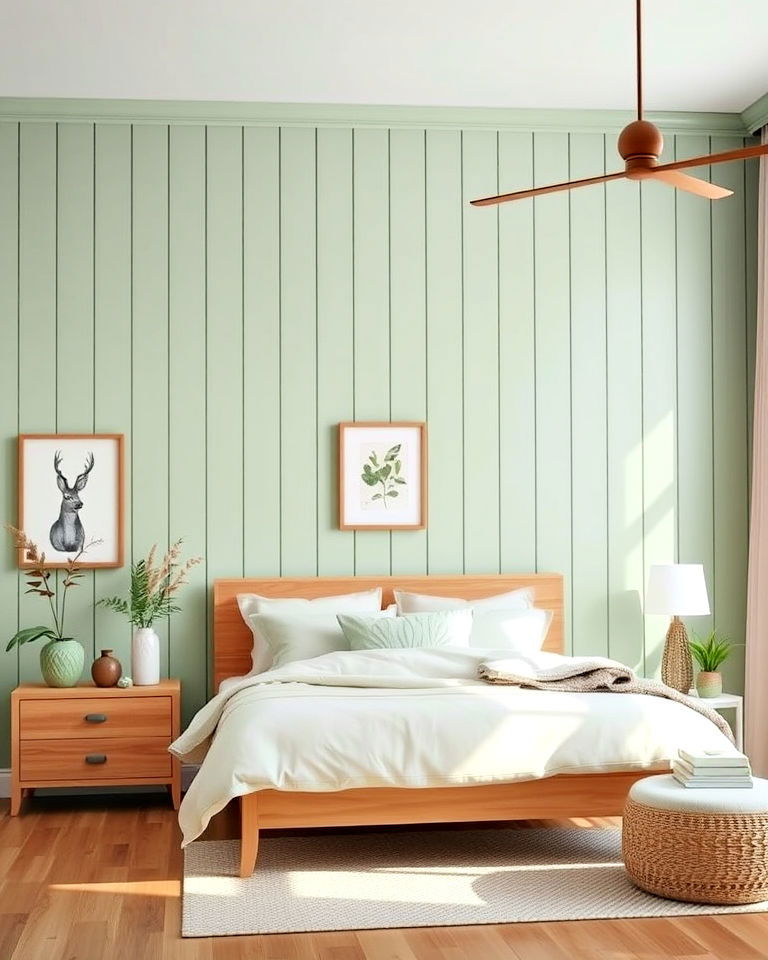 soft sage green paneling - 20 Green Panelling Bedroom Ideas