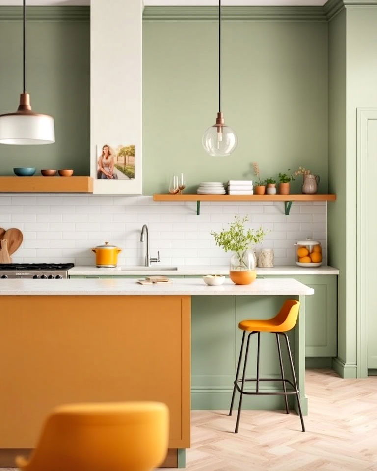 soft sage green walls and mustard accents for kitchen - 20 Green and Yellow Kitchen Ideas