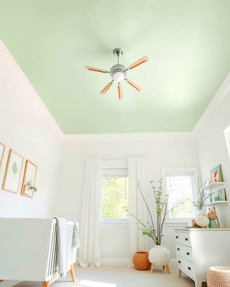 soft sky green painted ceiling - 25 Green Nursery Ideas