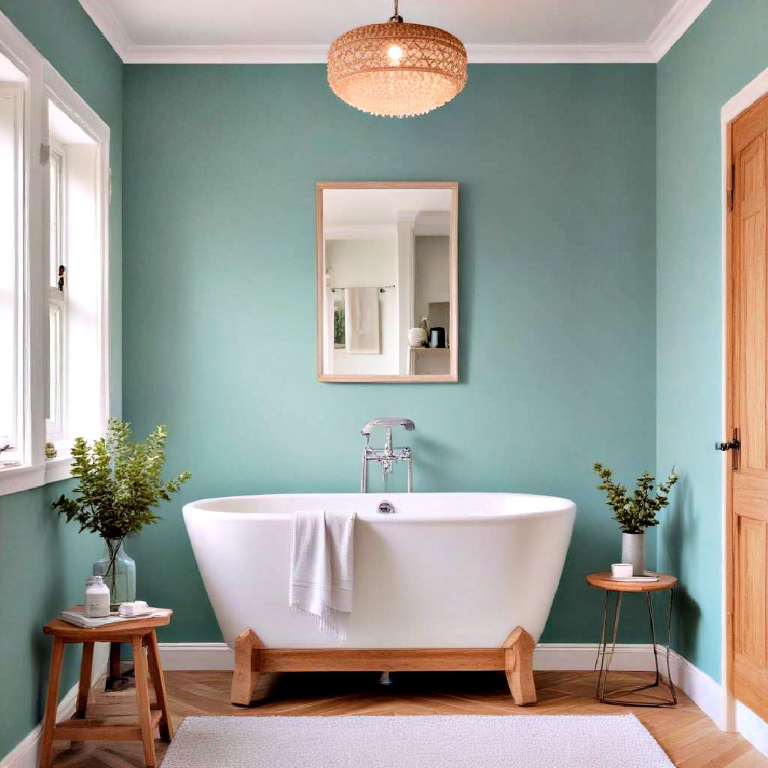 soft teal paint pairs with natural wood tones - 40 Bathroom Paint Ideas
