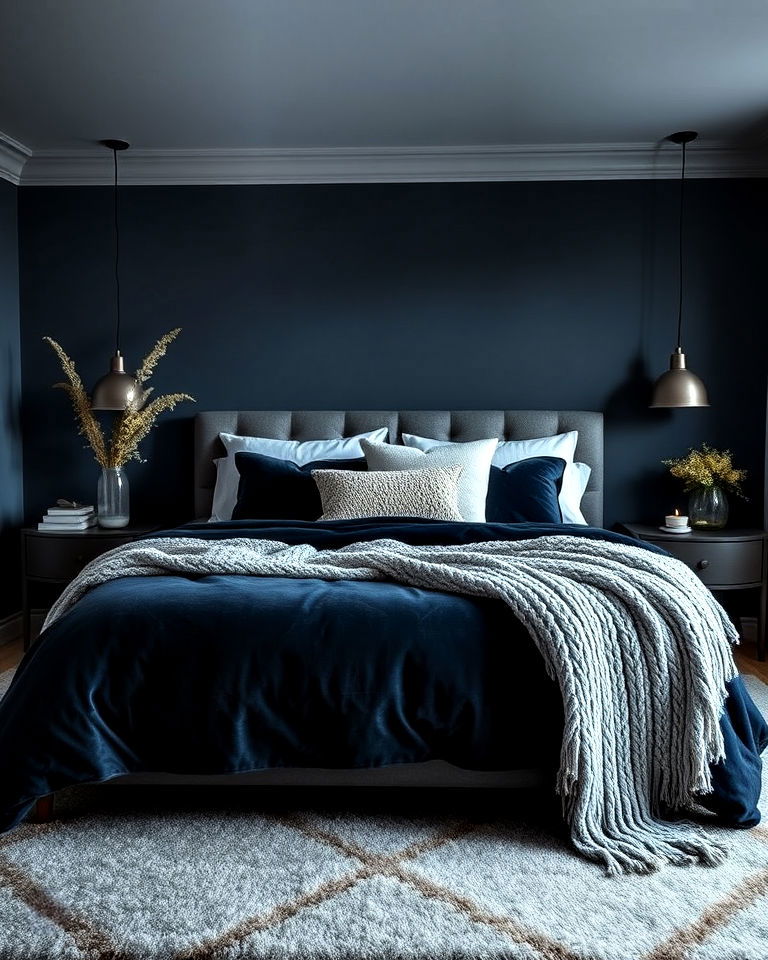 soft textures for dark blue bedroom - 30 Dark Blue Bedroom Ideas