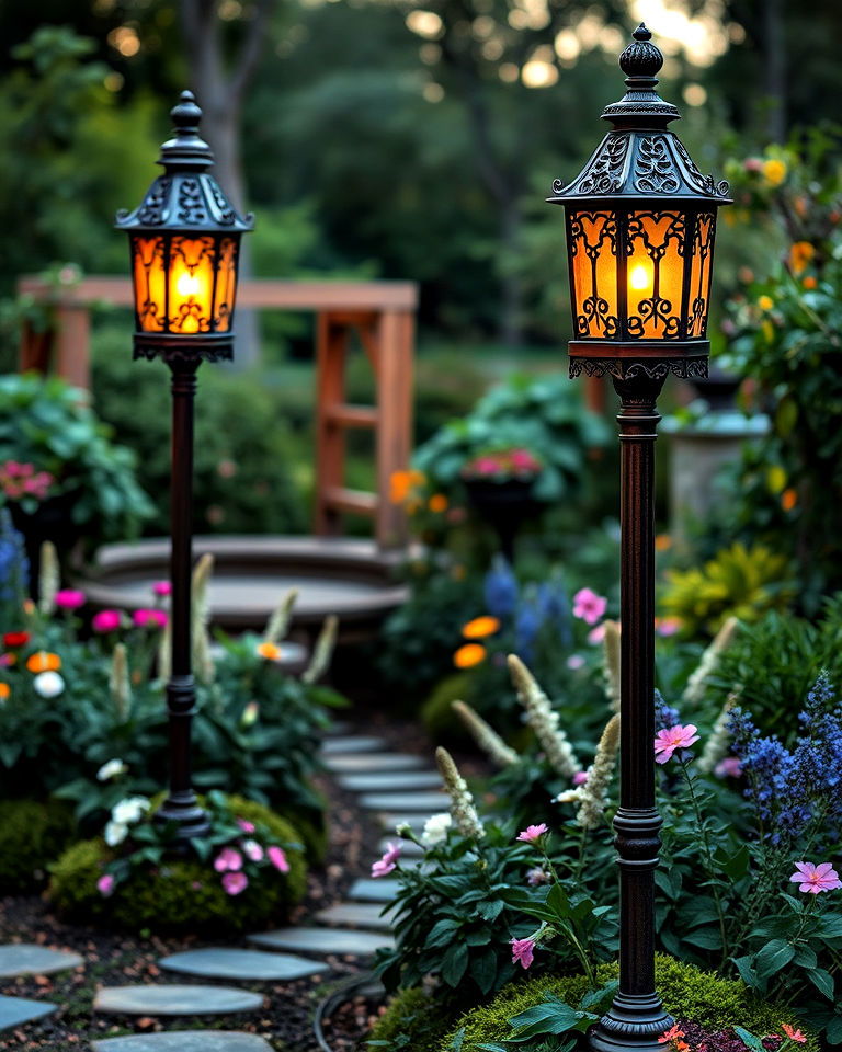 solar powered vintage lanterns on poles - 20 Fairytale Garden Ideas