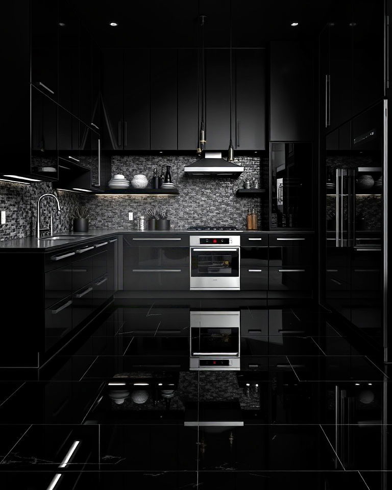 sophisticated all black kitchen - 20 Black Floor Kitchen Ideas
