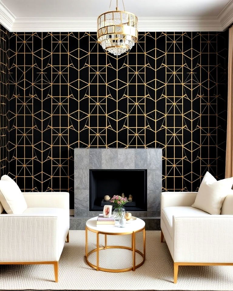 sophisticated black and gold geometric wallpaper - 40 Black and Gold Living Room Ideas
