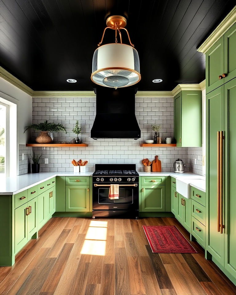 sophisticated black ceiling with green cabinets - 30 Black and Green Kitchen Ideas