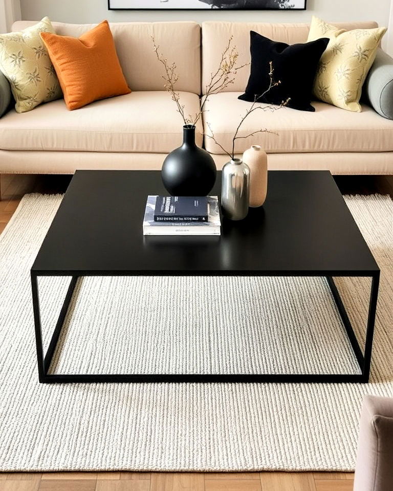 sophisticated black coffee table with beige rug - 30 Black and Beige Living Room Ideas