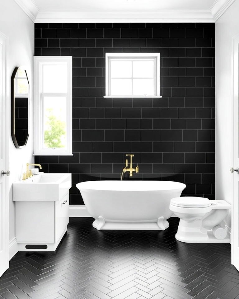 sophisticated black herringbone tile pattern flooring - 20 Black Floor Bathroom With White Walls Ideas