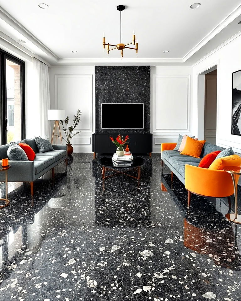 sophisticated black terrazzo flooring - 25 Black Floor Living Room Ideas