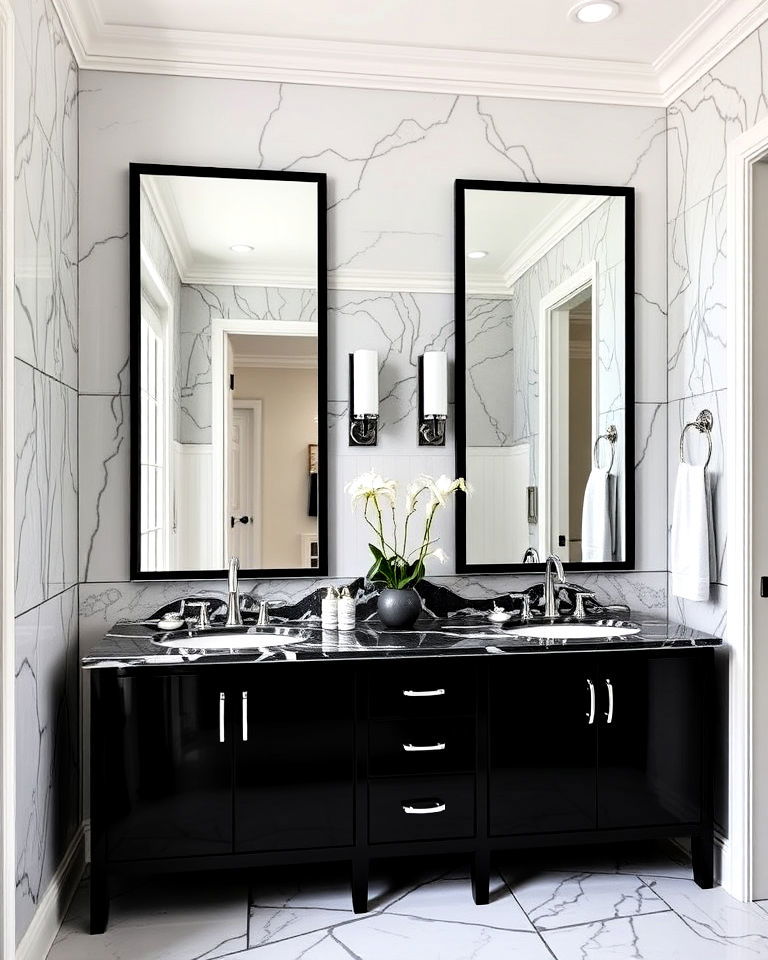 sophisticated black vanity with mirror accents - 20 Black Vanity Bathroom Ideas