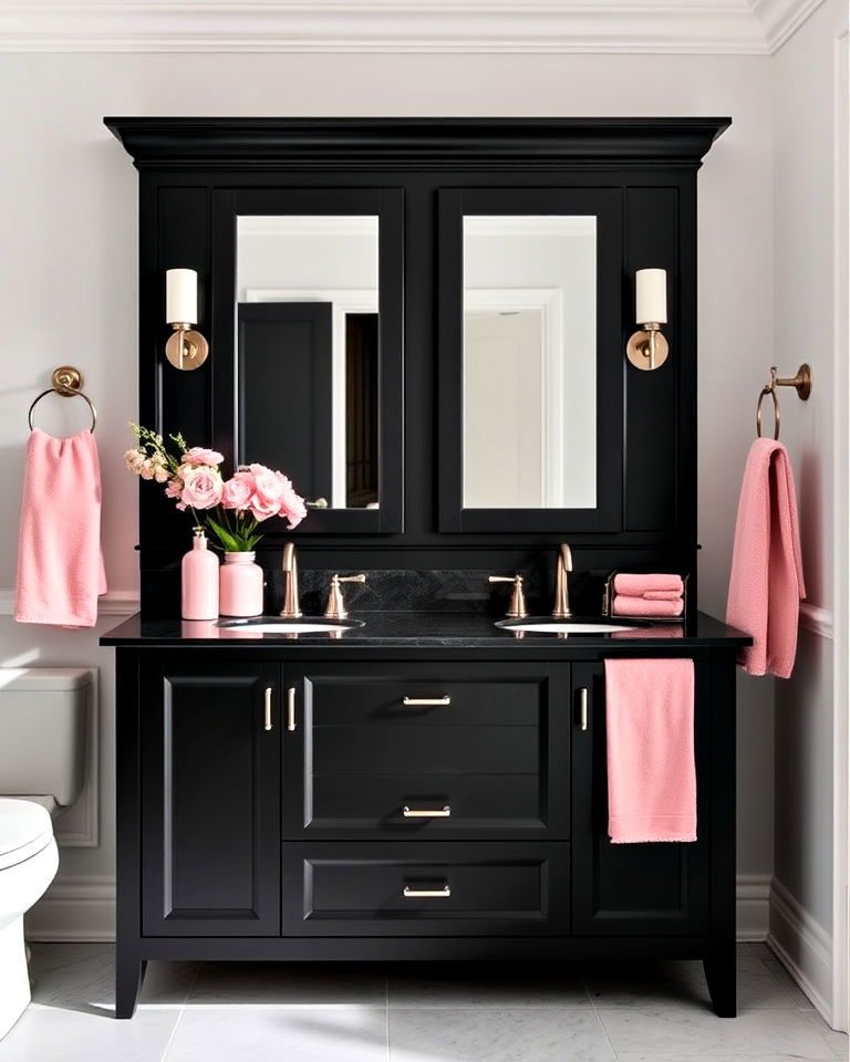 sophisticated black vanity with pink accents - 25 Pink and Black Bathroom Ideas