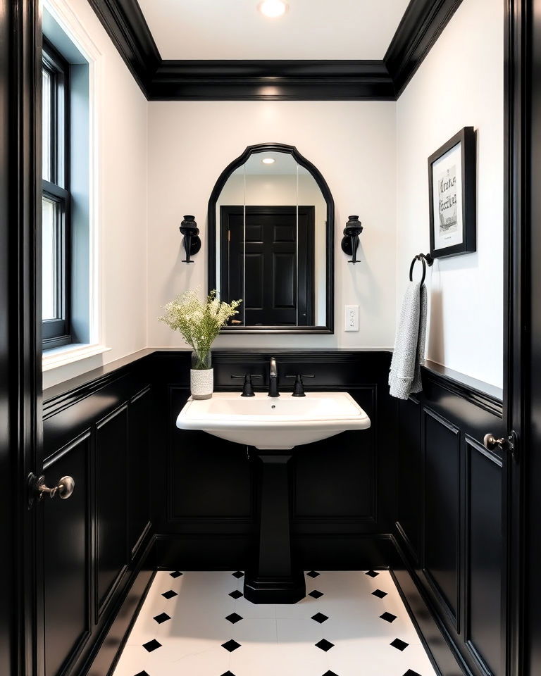 sophisticated black wainscoting with white upper walls - 20 Black and White Powder Room Ideas