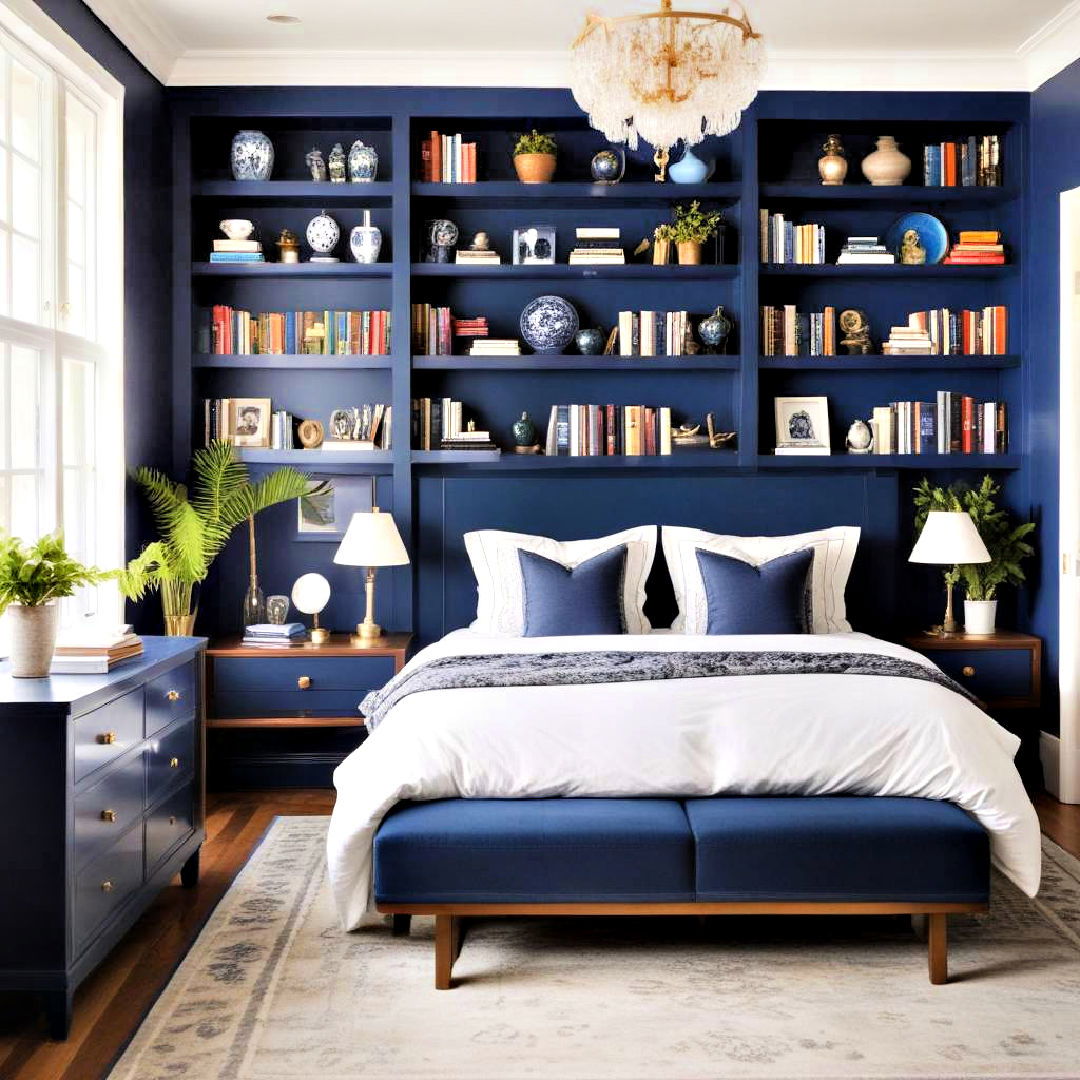sophisticated blue built in shelving - 40 Blue Bedroom Ideas
