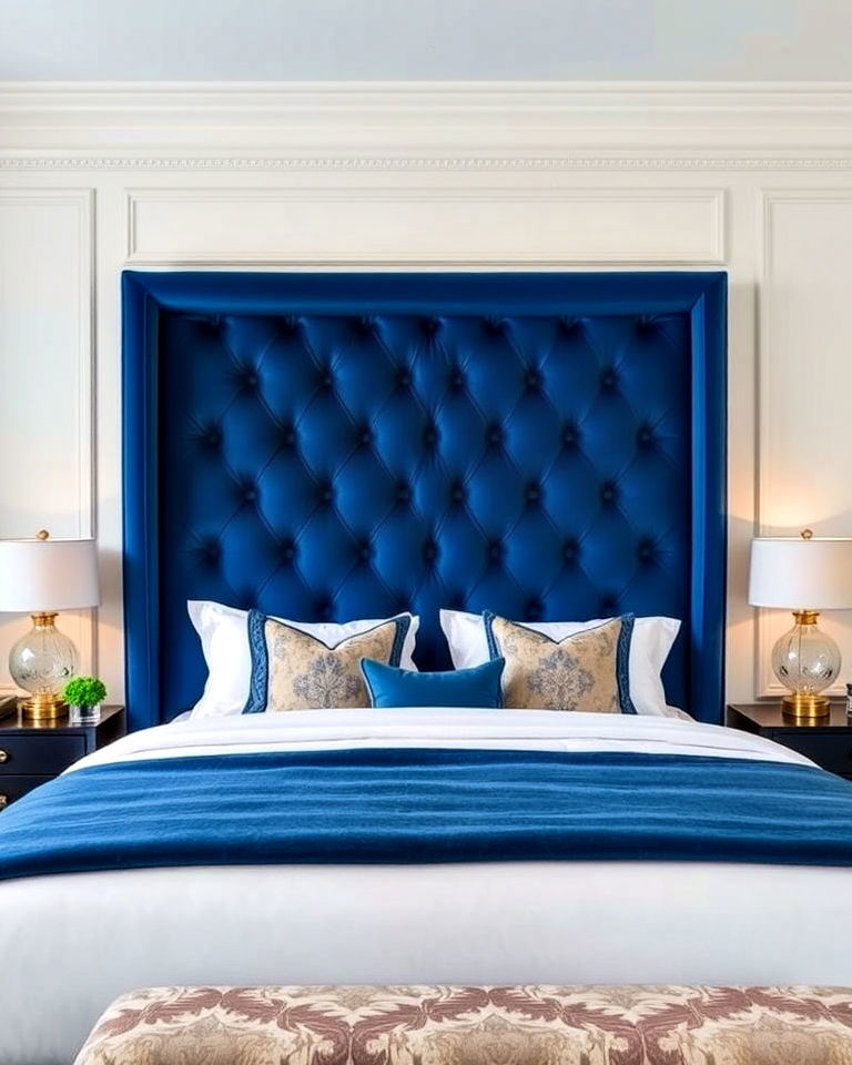 sophisticated blue statement headboard - 25 Luxury Blue Bedroom Ideas